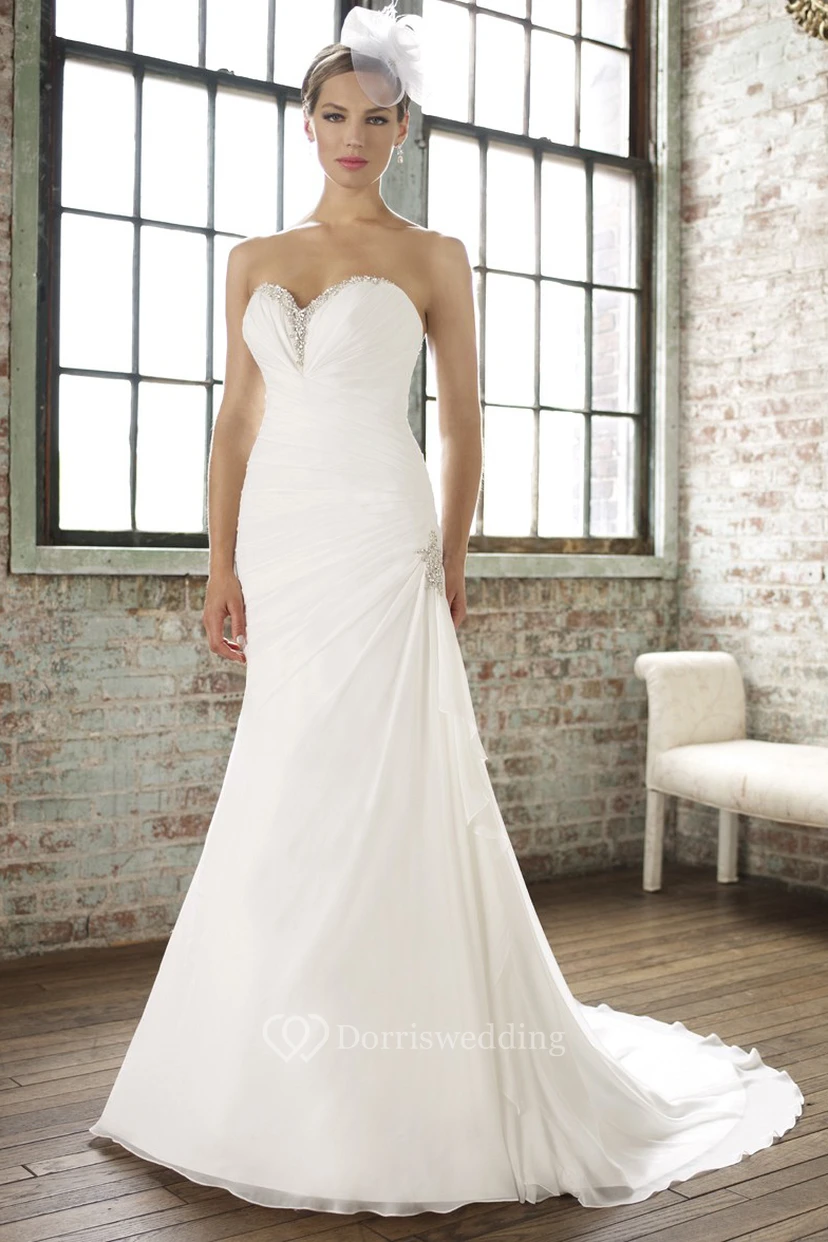 Sheath Draped Long Sweetheart Chiffon Wedding Dress With Beading And Broach