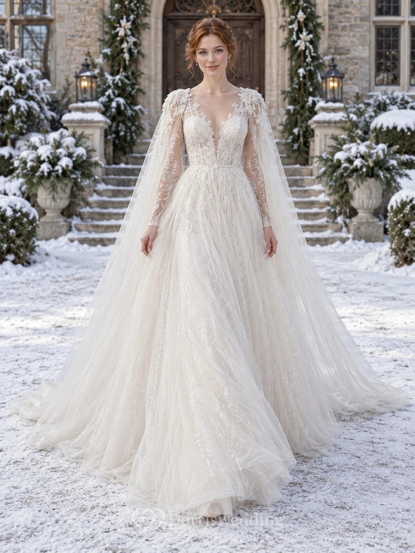 Vestido de novia de corte A con capa, escote en V y tul de manga larga