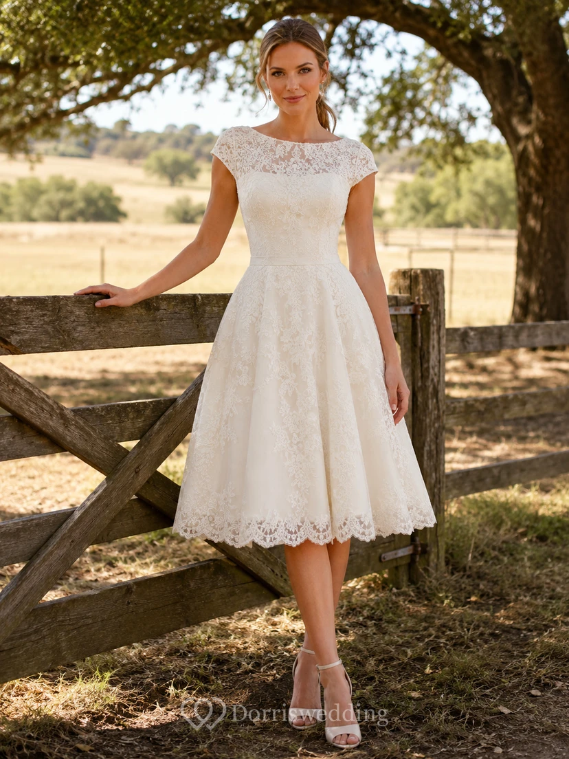 Vestido de novia campestre vintage modesto de largo midi con escote barco y mangas cortas ilusión de encaje