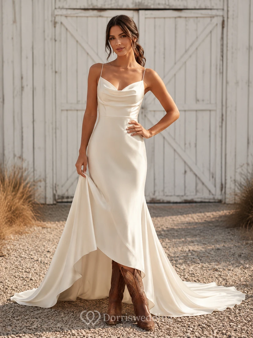 Robe de mariée de maternité en dentelle, col carré, manches courtes, jupe longue, style plage.