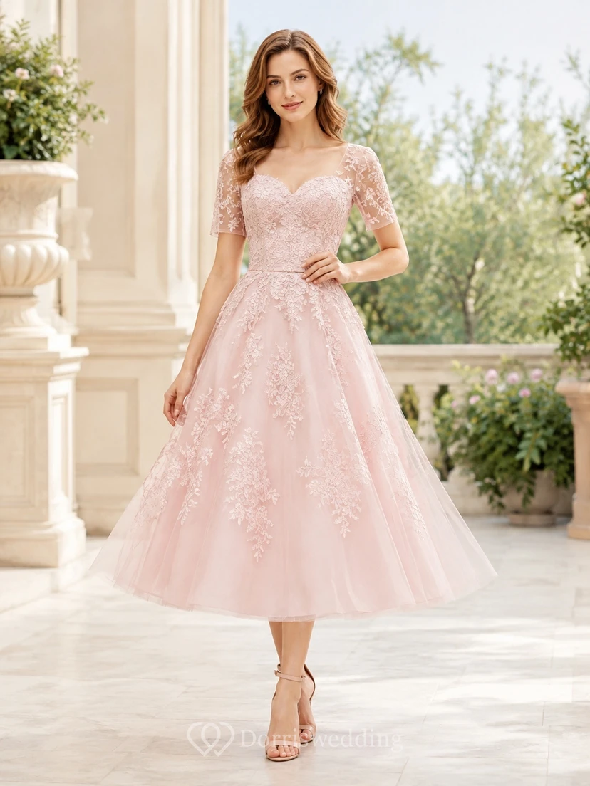 Pink Lace Scoop Neck Short Sleeve A-Line Tea-length Romantic Garden Guest Dress