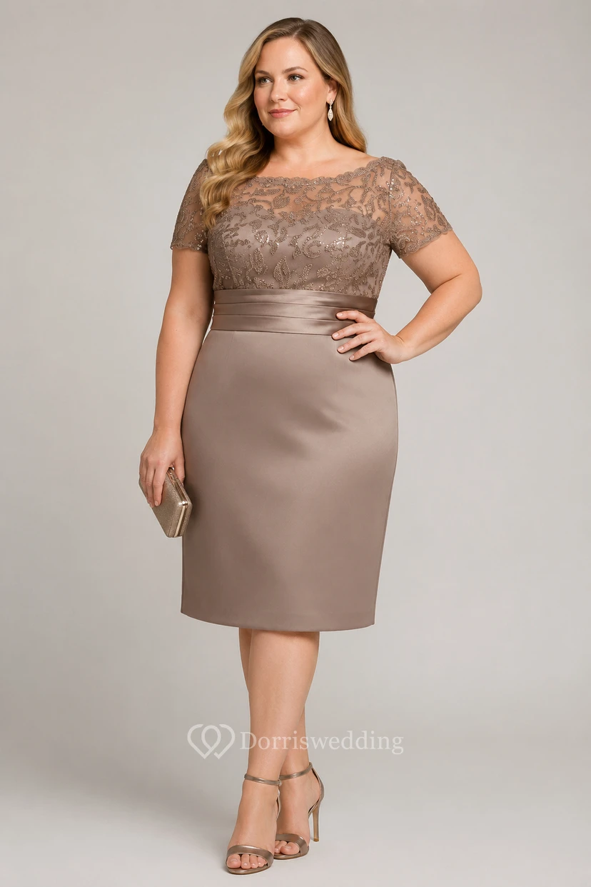 Short-Sleeved Knee-Length Mother Of The Bride Dress With Sequins And Illusion Style view 10