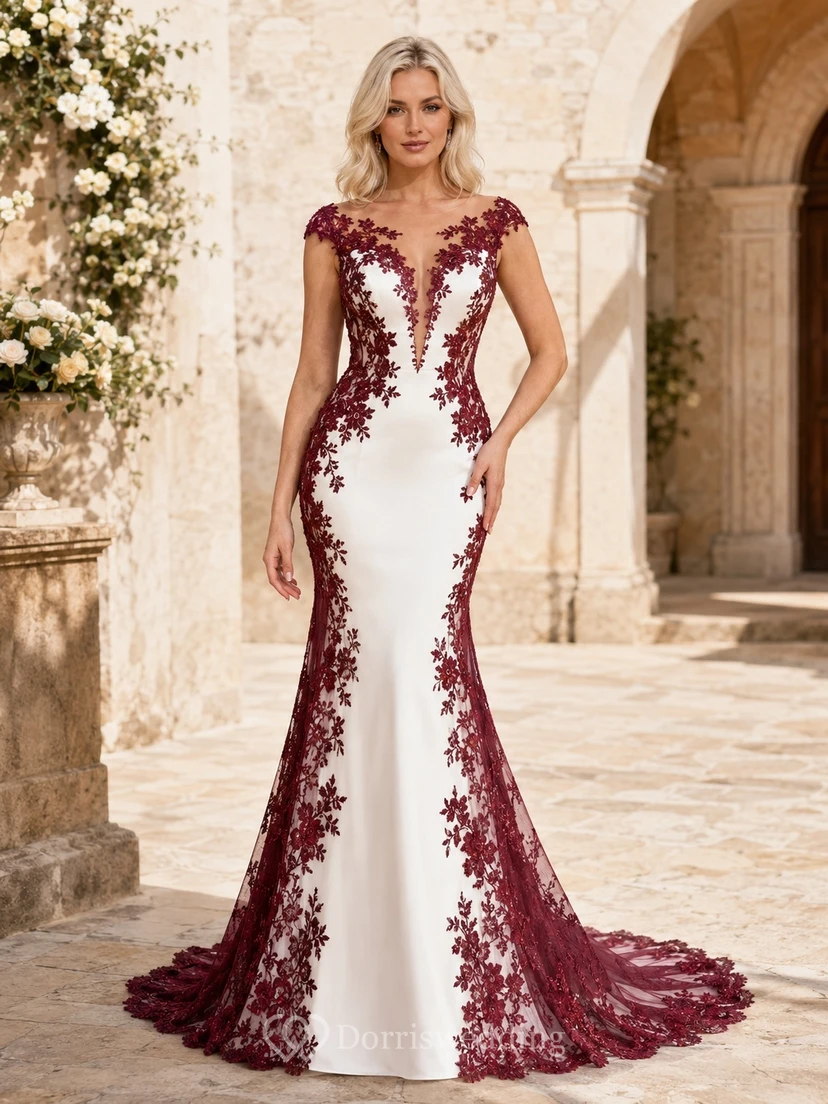 Burgundy V-neck Short Sleeve Embroidered Lace Mermaid Cape Sweep Train Wedding Gown