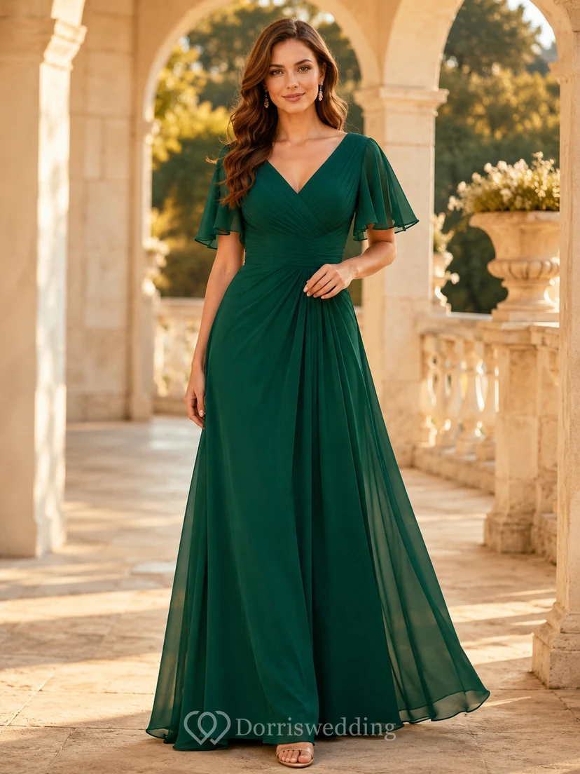 Dunkelgrünes Chiffon-Abendkleid mit V-Ausschnitt und flatternden Ärmeln
