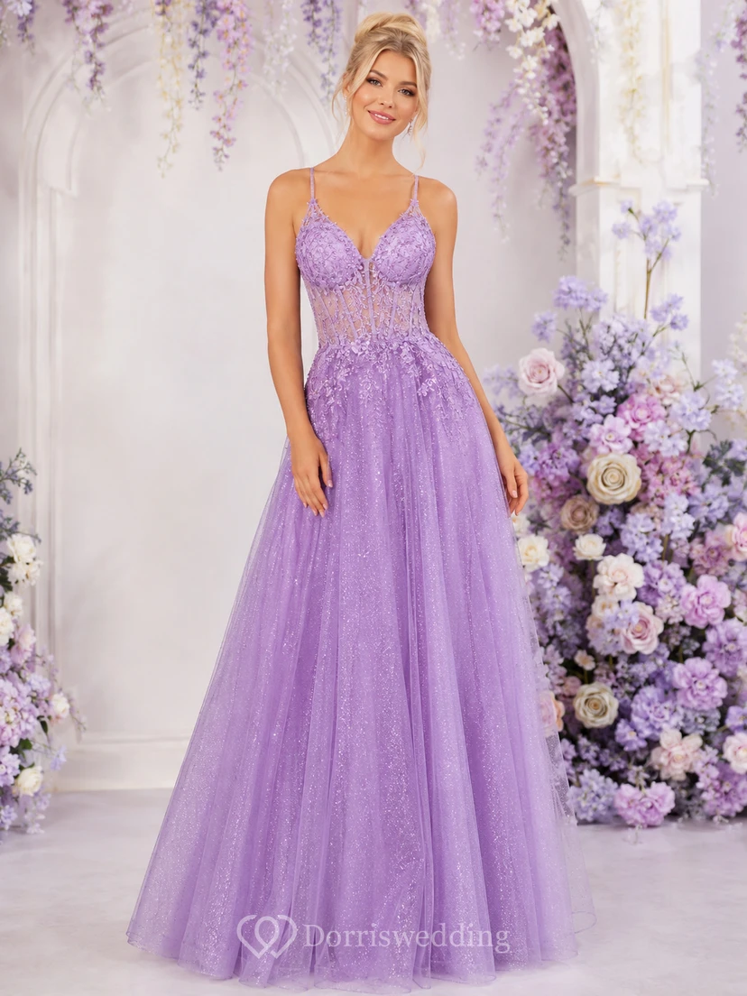 Romantisches lavendelfarbenes Pailletten-Abendkleid in A-Linie, bodenlang, Spaghetti-Spitze, Korsett