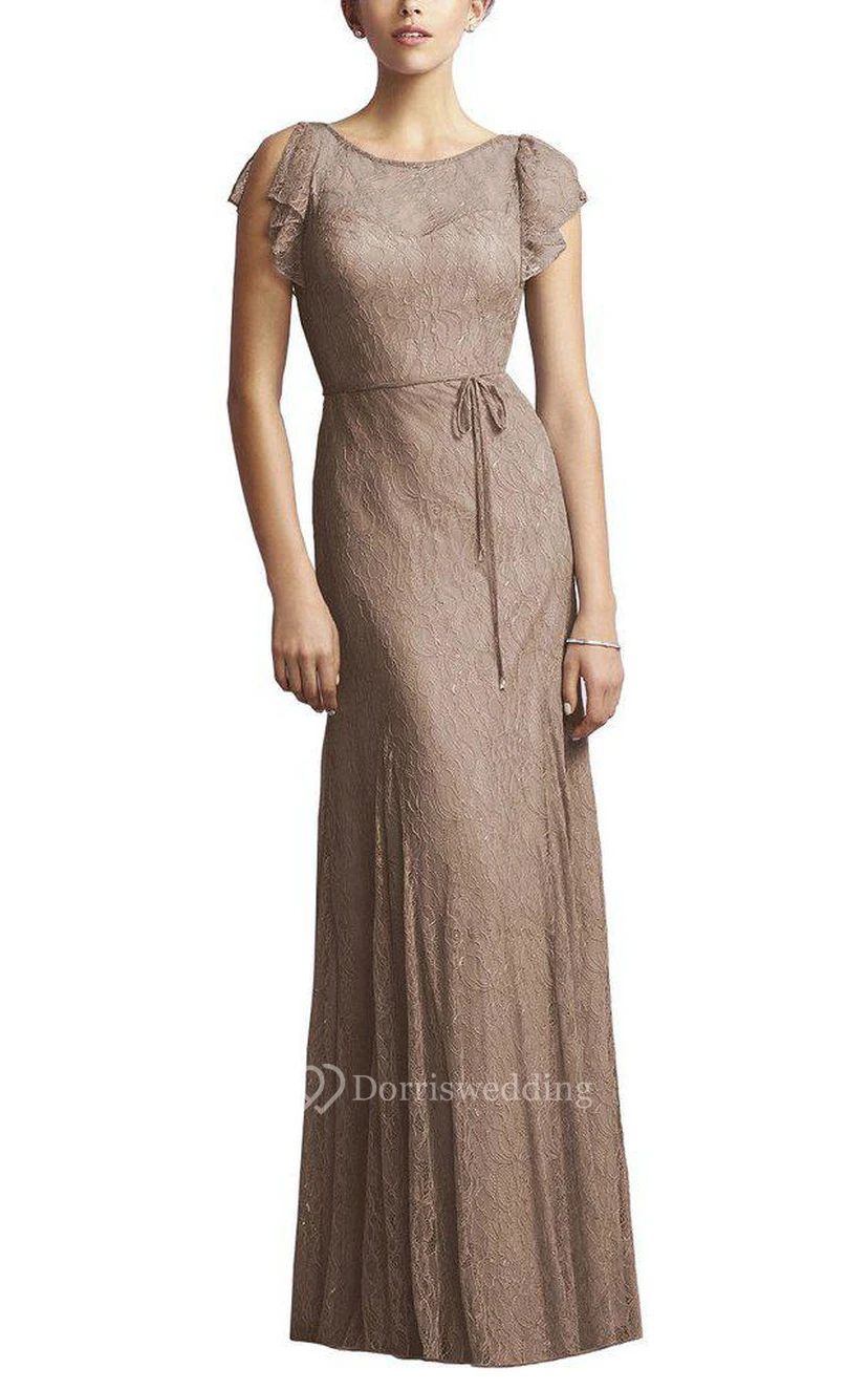 Cap Sleeve Sheath Lace Floor-length Modest Bridesmaid Dress with Sash