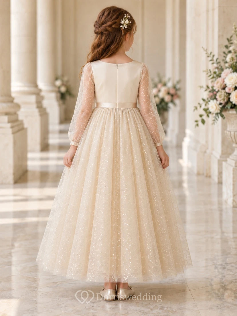 Long-Sleeve Champagne A-line Tulle Ankle-length Sparkling Satin-bodice Side-bow Flower Girl Dress view 2