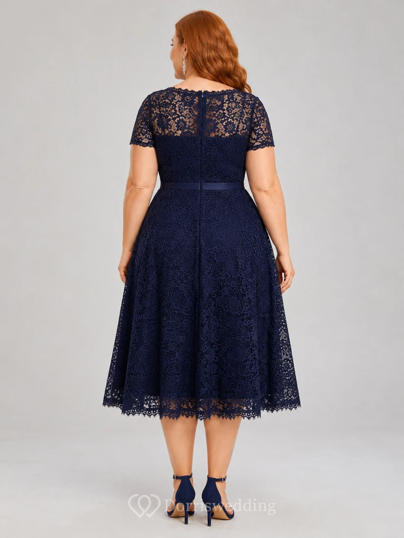 Dark Navy Lace Cap Sleeve A Line Cocktail Dress view 2