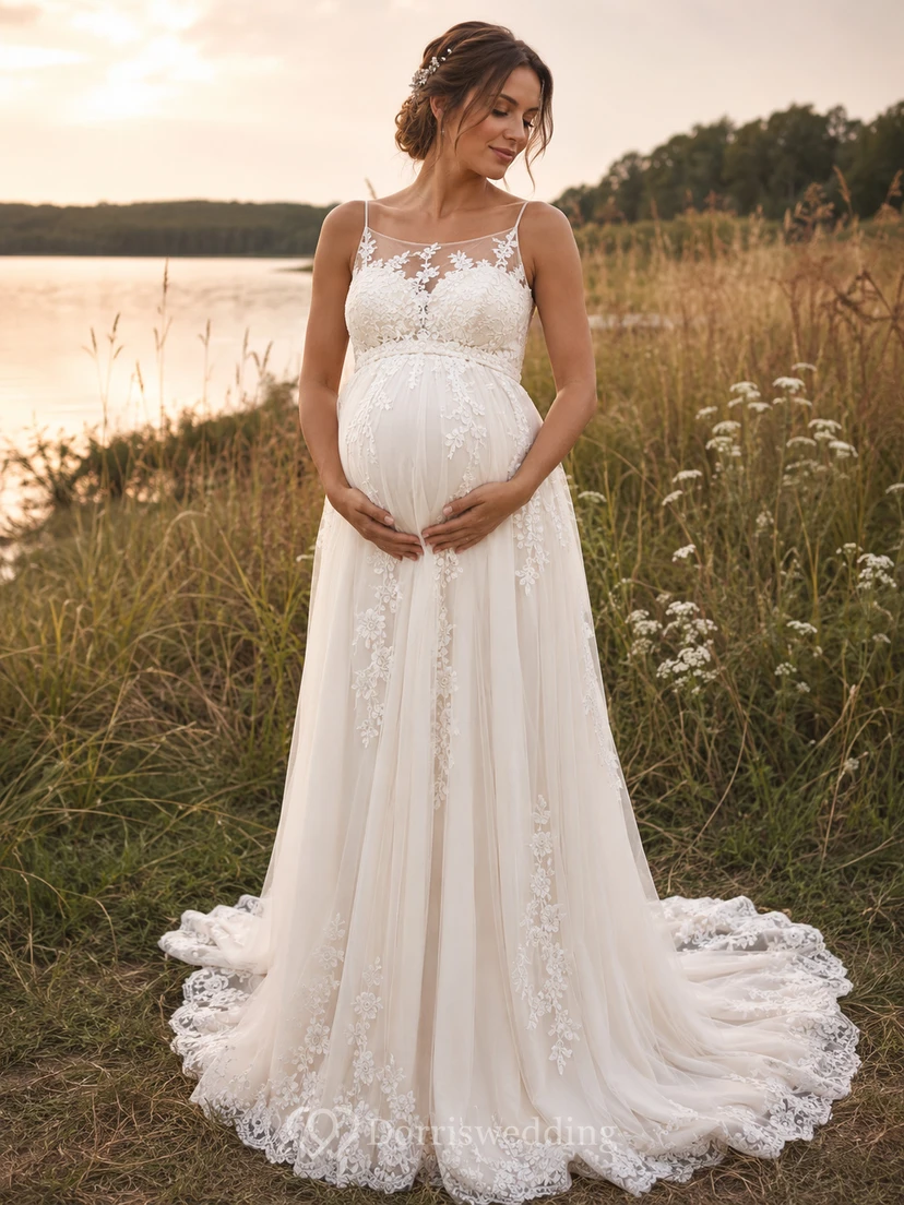 Boho Maternity Lace Wedding Dress with Illusion Neckline, Spaghetti Straps & Floral A-Line Train
