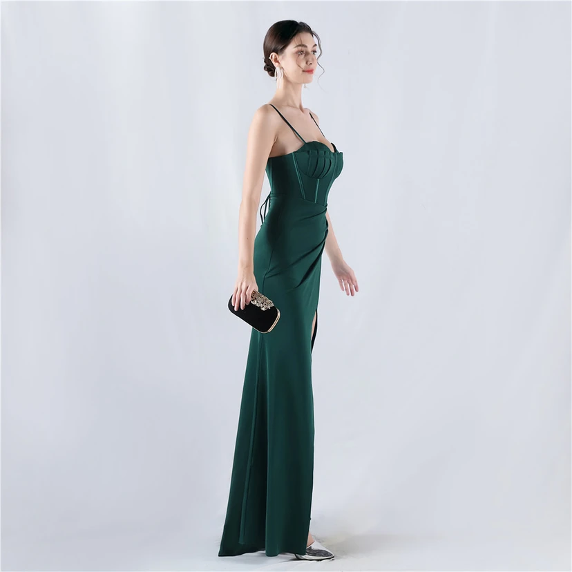 Fishbone Waist Strap Satin Host Meeting Evening Dress view 49
