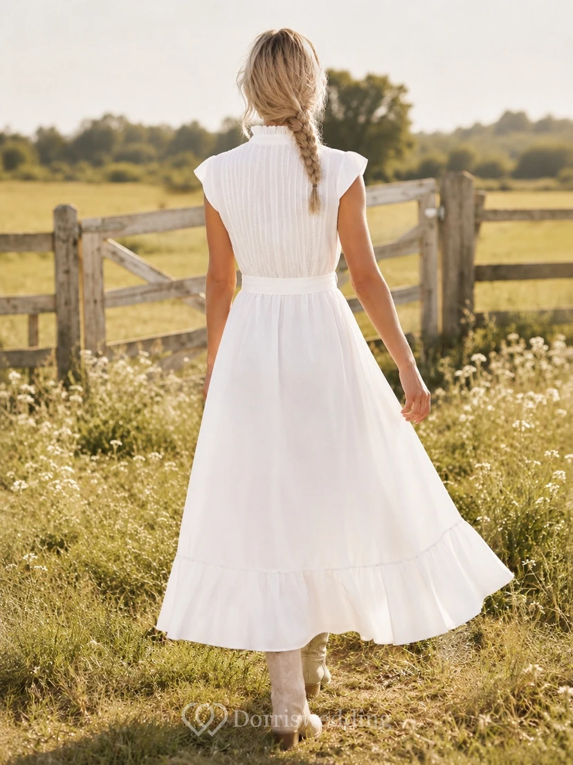 Country White V Neck Cap Sleeve Button Ankle Dress view 2