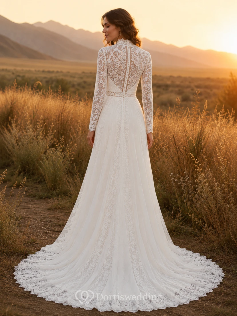 Robe de mariée bohème à col montant, en dentelle et manches longues, style prairie view 2