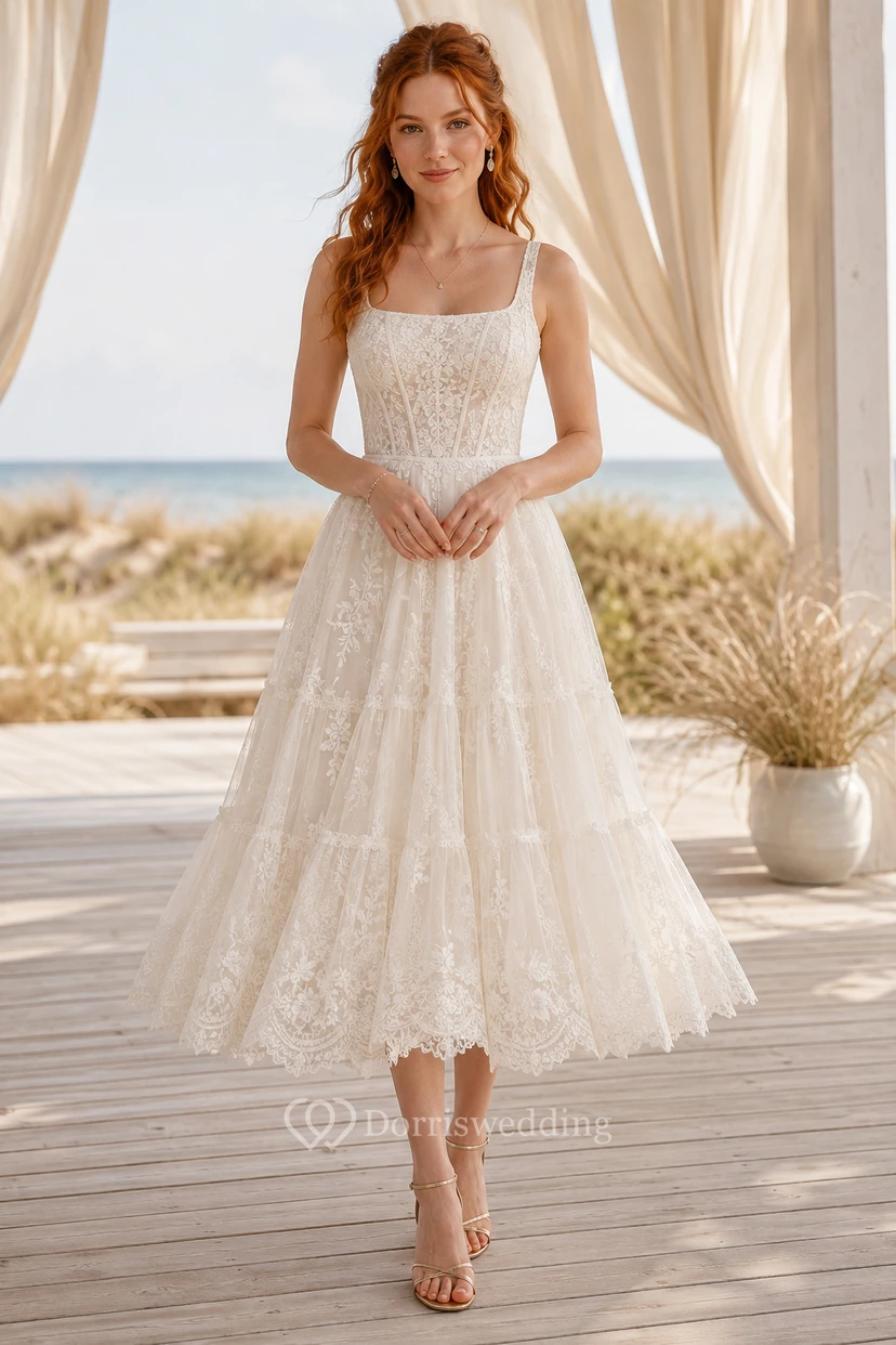 Robe de mariée en tulle mi-longue à encolure carrée, bretelles larges et superposition de dentelle