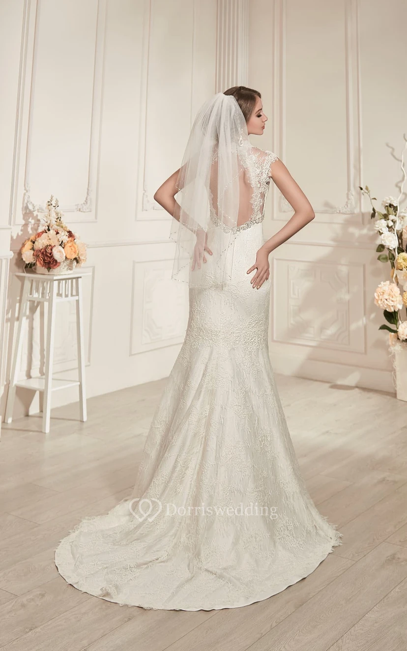 Sheath Maxi V-Neck Cap-Sleeve Keyhole Lace Dress With Beading view 3