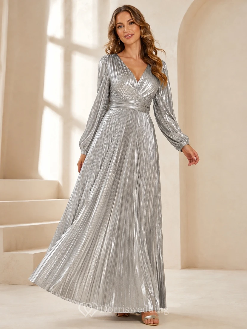 Silver Long Sleeve V Neck Pleated Chiffon A Line Gown