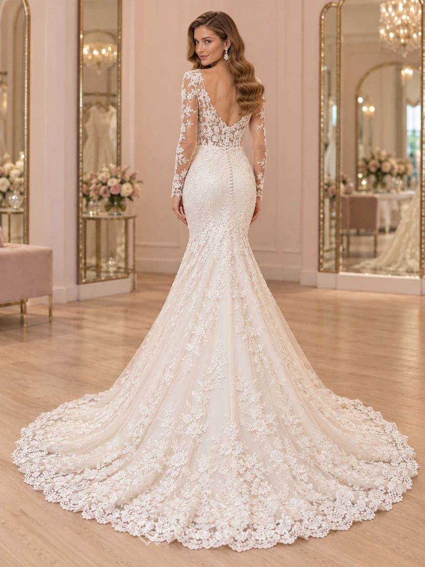 Mermaid Long Sleeve Plunge Sweetheart Floral Lace Train Wedding Dress view 2