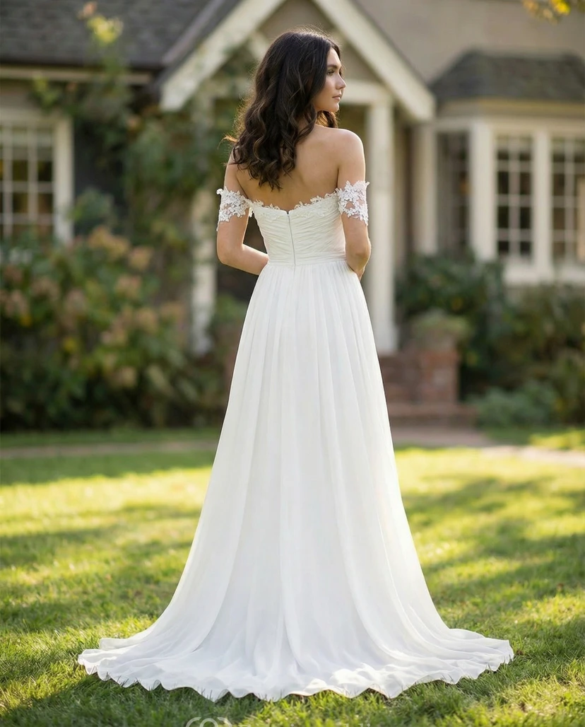 Off-The-Shoulder Chiffon Beach Wedding Gown view 2