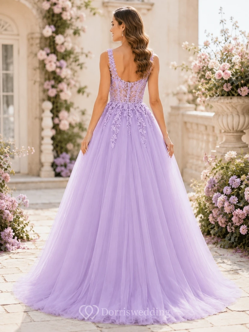 Vestido de gala de corte A sin mangas con escote cuadrado de tul color lavanda view 2