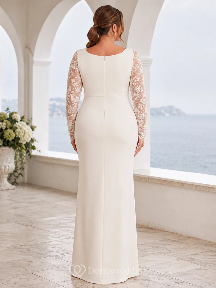 Plus Size Modest Square Neck Long Illusion Sleeve Lace Sheath Floor-Length Wedding Dress view 2