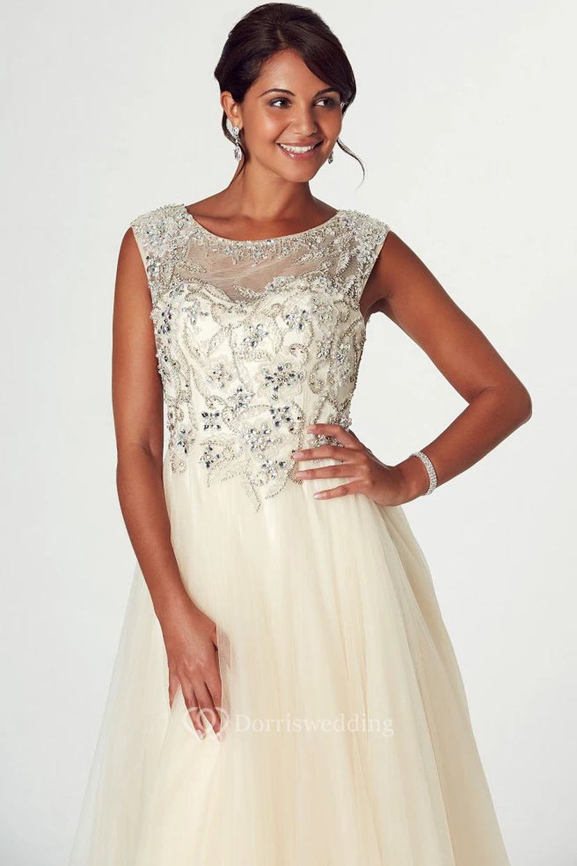 Ärmelloses A-Linien-Abendkleid aus Tüll mit Perlenbesatz und Rundhalsausschnitt view 3