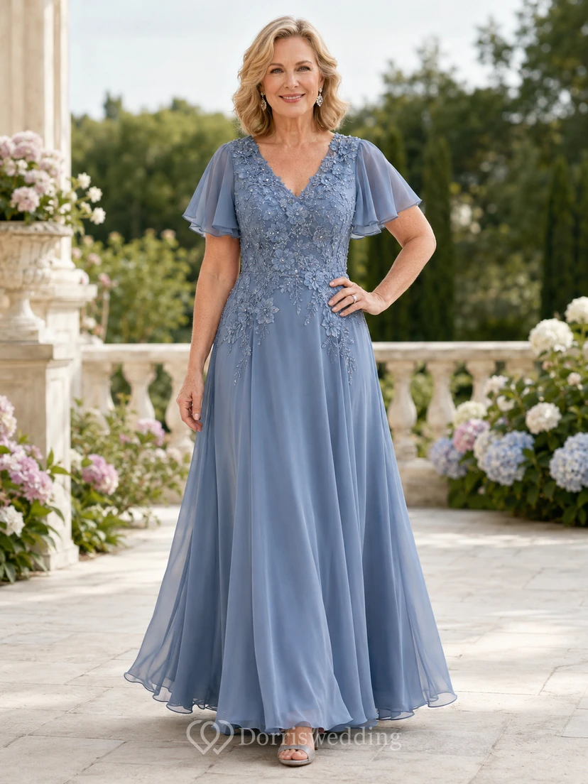 Slate Blue Floor-Length A-Line Romantic Mother of the Bride Chiffon Gown with V-Neck Flutter Sleeves and Floral Lace Bodice