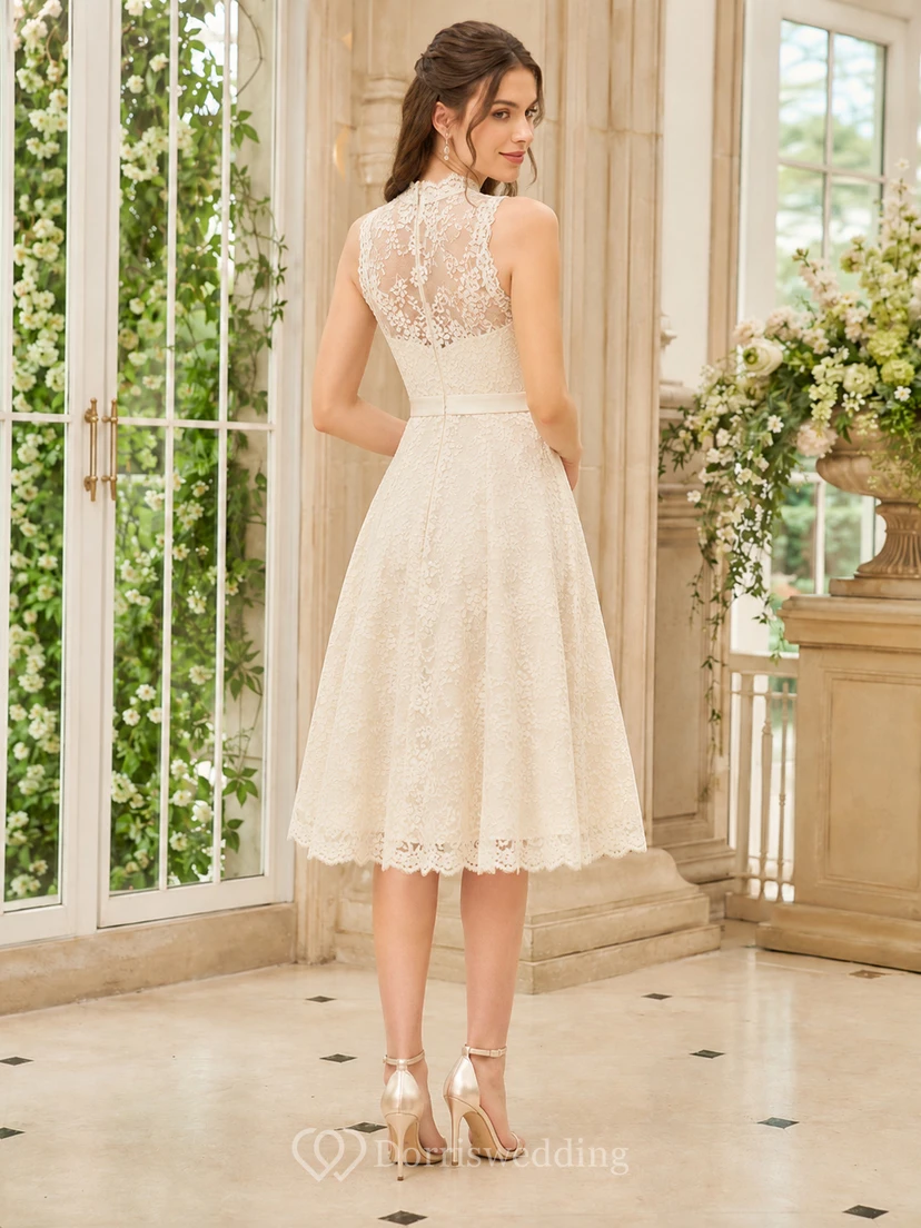 Modest Lace Ivory A-Line Tea-length High Neck Sleeveless Vintage Cocktail Guest Vow Renewal Dress view 2