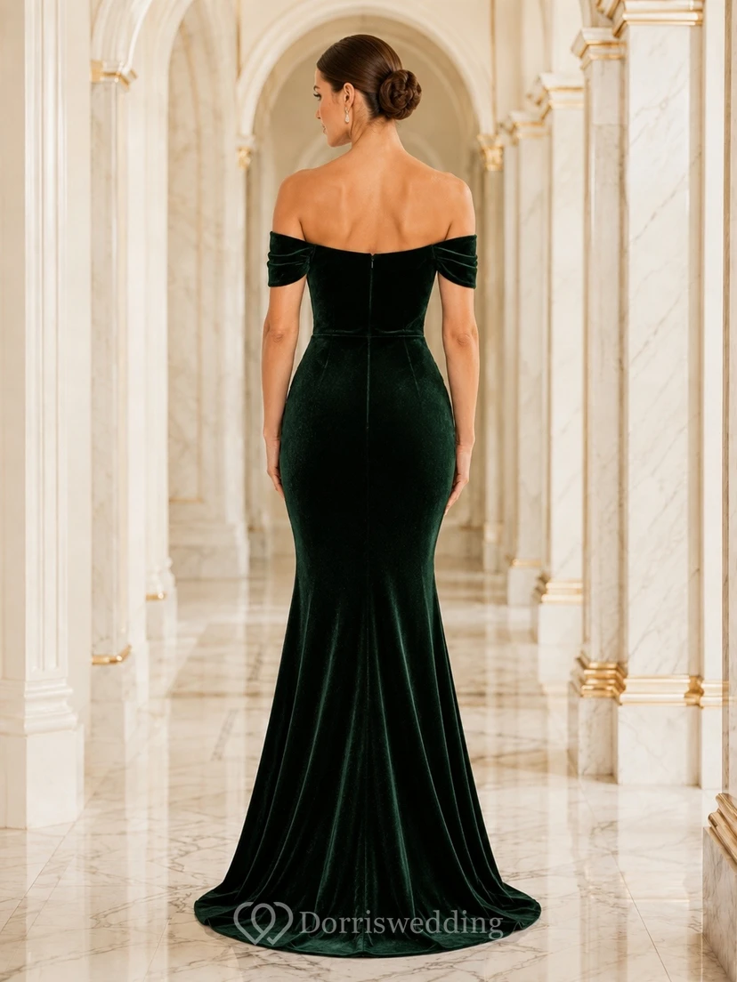 Luxury Dark Green Off Shoulder Long Sleeve Mermaid Velvet Dress view 2