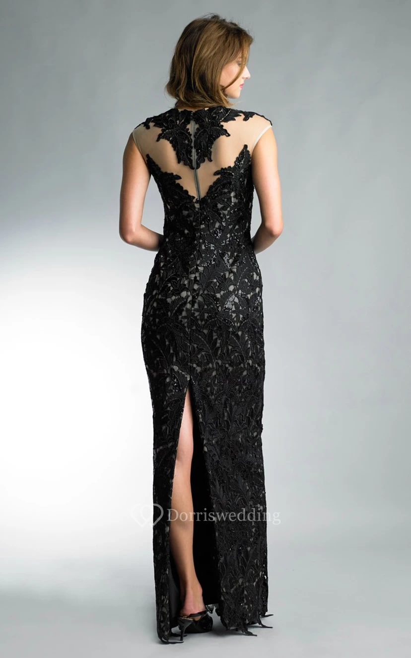 Sheath Floor-length High Neck Short Sleeve Lace Zipper Dress view 2