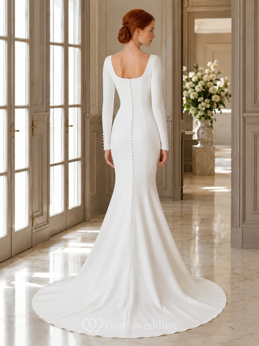Minimalistisches Brautkleid aus Crêpe mit eckigem Ausschnitt, langen Ärmeln, Meerjungfrauenschnitt und Schleppe view 2