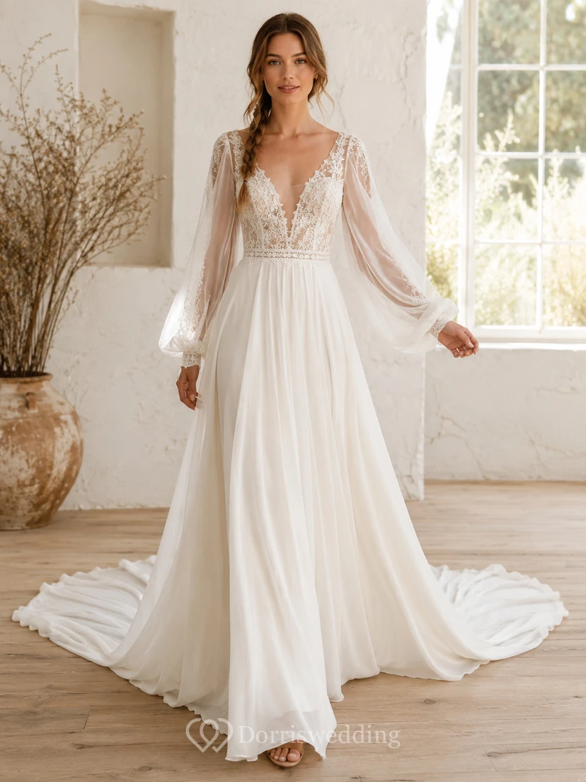 Robe de mariée bohème en dentelle et mousseline, décolleté en V profond, manches gigot, coupe trapèze, longueur chapelle
