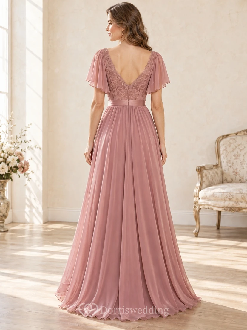Vintage Dusty Rose V-neck Lace Flutter Sleeve Chiffon Formal Dress view 2