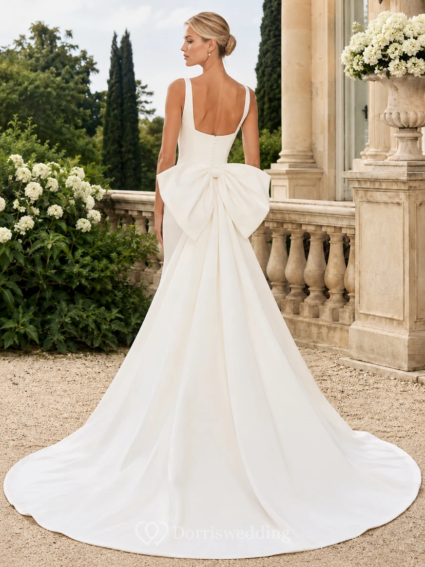 Satin-Hochzeitskleid im Meerjungfrauenstil mit eckigem Ausschnitt, ärmellos, Kapellenschleppe view 2