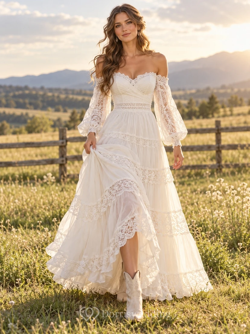 Boho Country High-low Bell Sleeve Off Shoulder Tiered Lace Wedding Dress