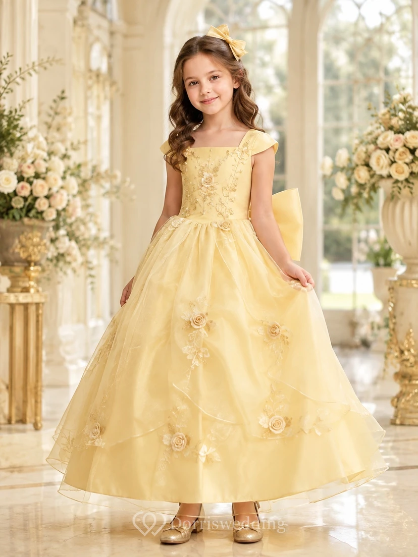 Adorable Daffodil Cap Sleeve Floral Tulle Ball Gown Ankle-Length Flowergirl Dress