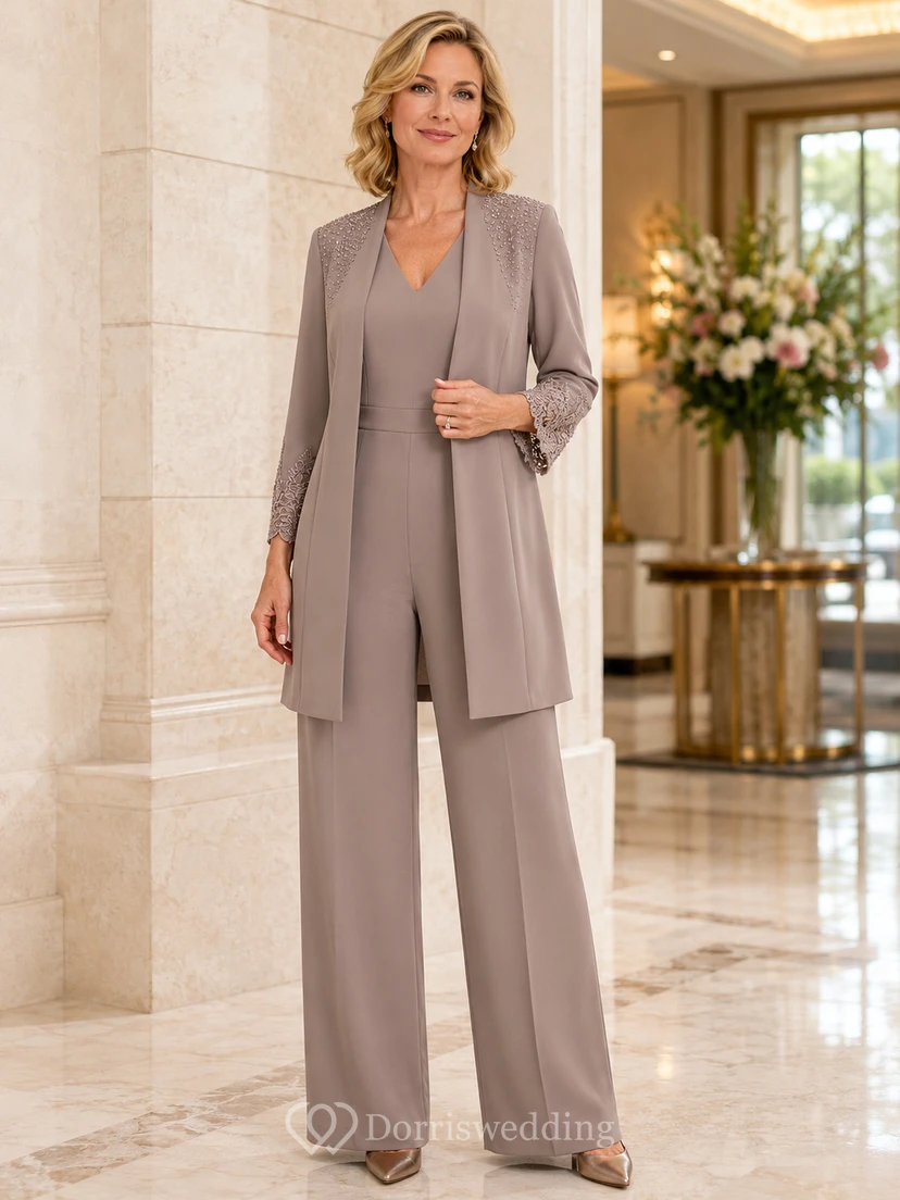Taupe Mother Jumpsuit with V-Neck Long Jacket and Wide Leg Pants