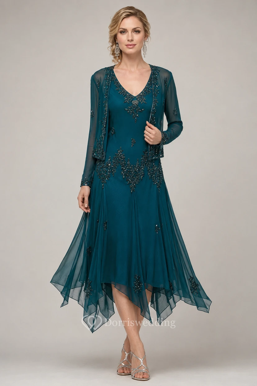Robe cocktail vert forêt à perles, style vintage, avec veste transparente et ourlet asymétrique view 9