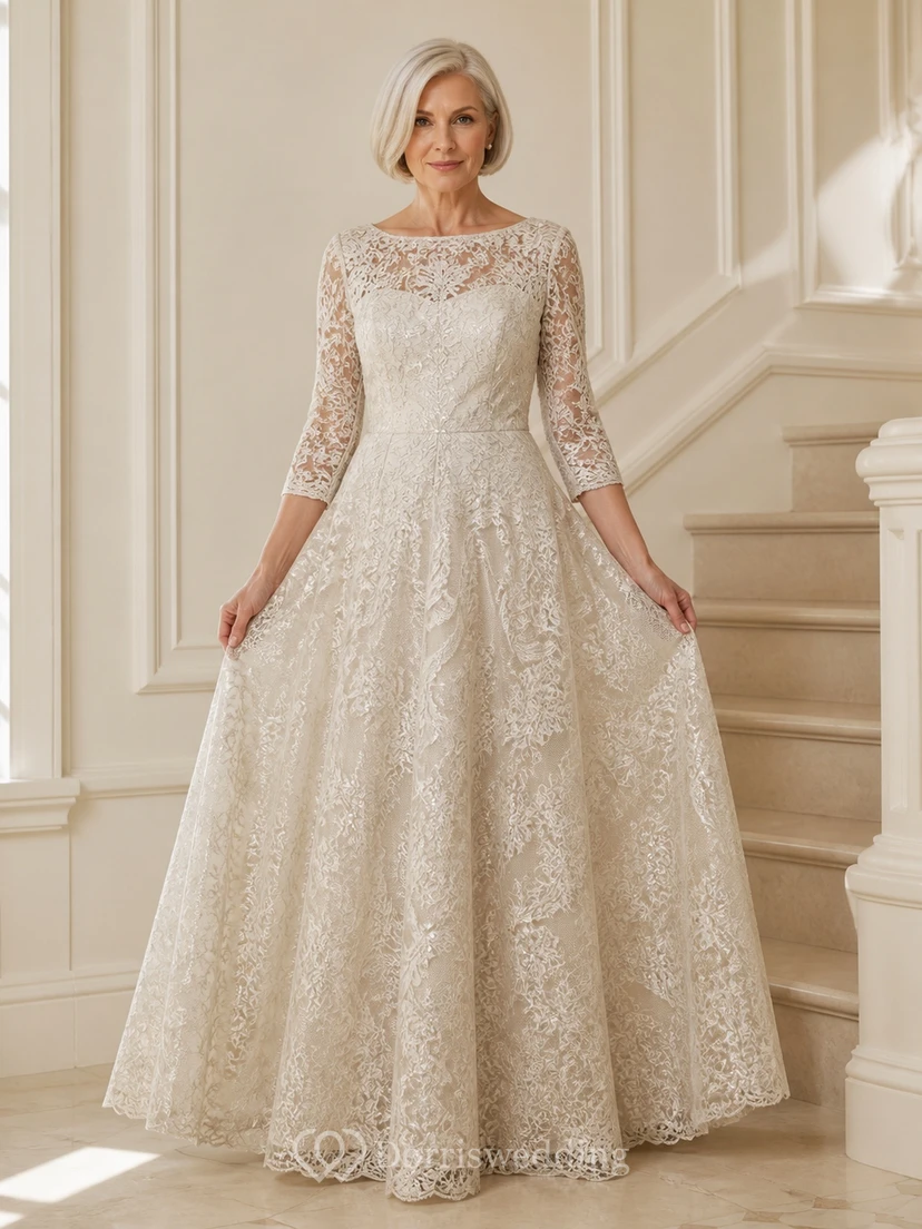 Voluminous Modest Older Brides Lace Ball Gown Floor-length Bateau Three-Quarter Sleeve Mother Dress