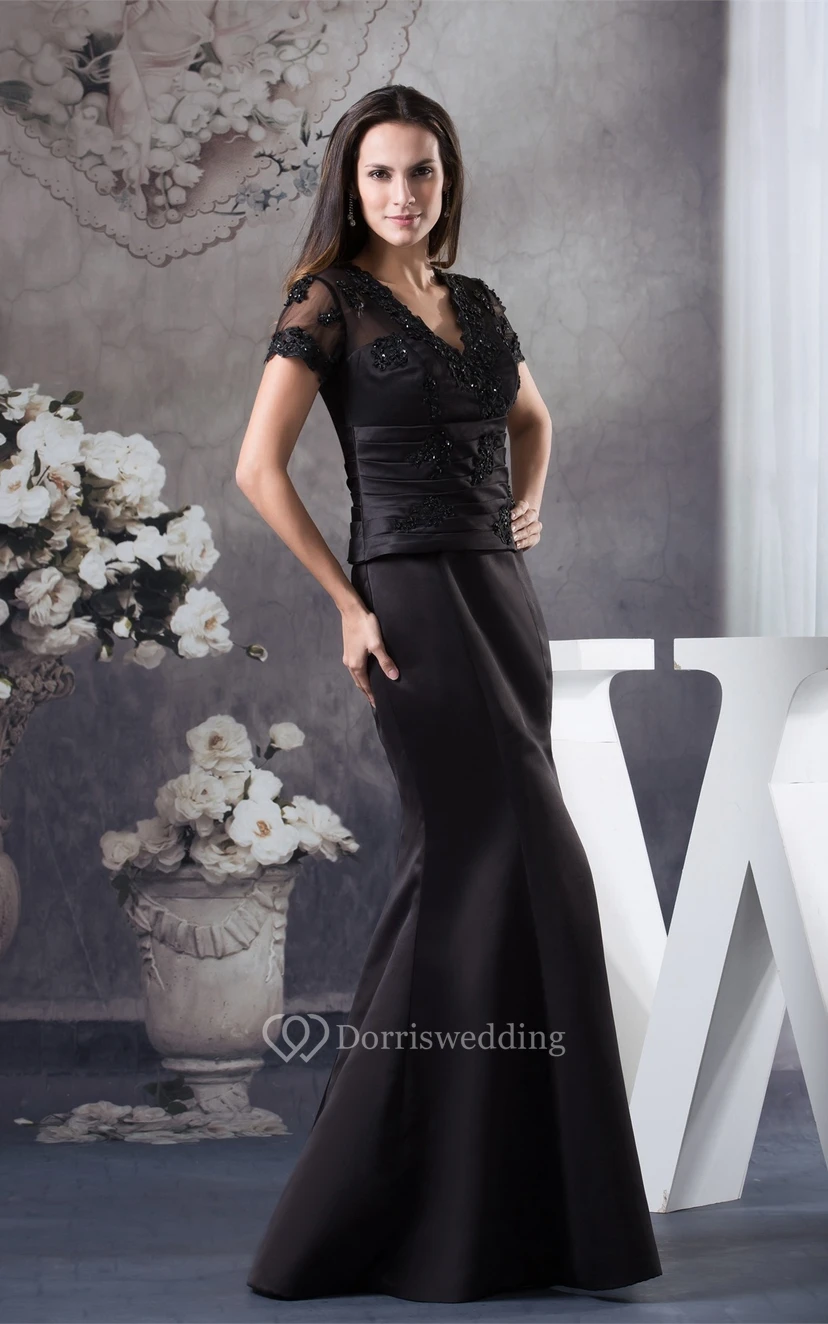 V-Neck Mermaid Satin Mini-Sleeve Illusion and Dress With Appliques view 8
