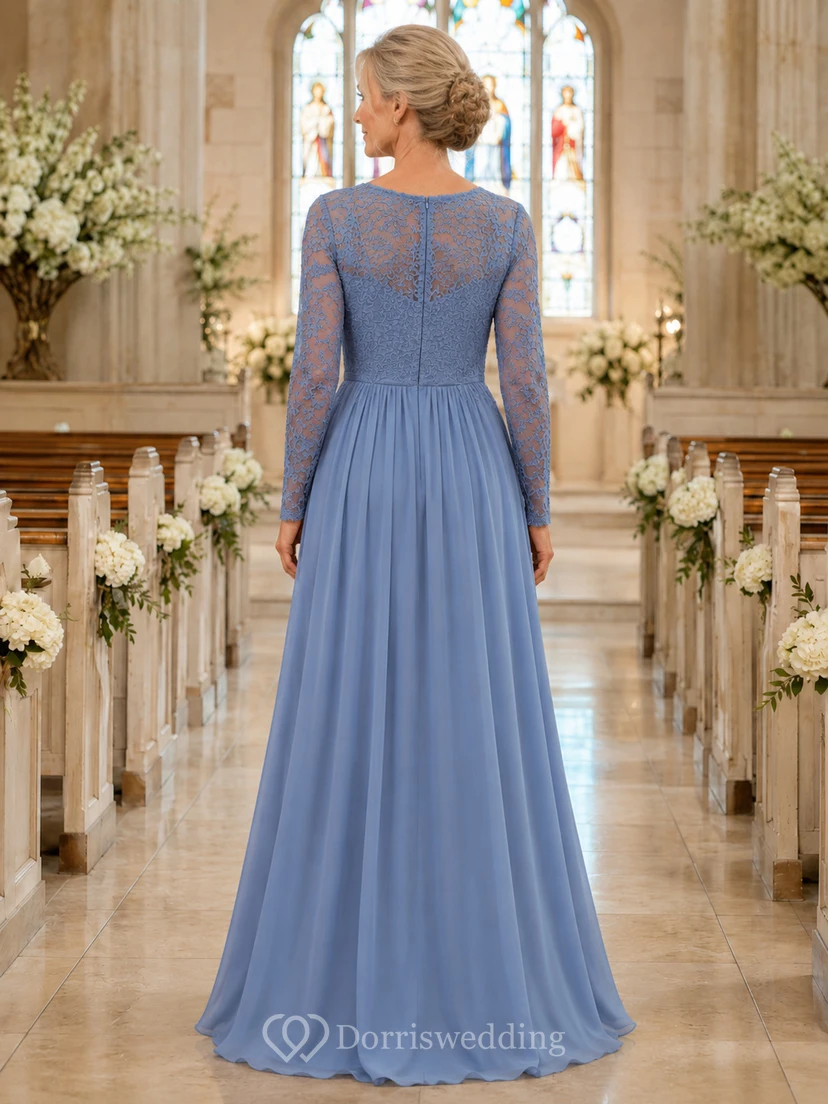 Dusty blue lace bodice long sleeve chiffon mother gown view 2