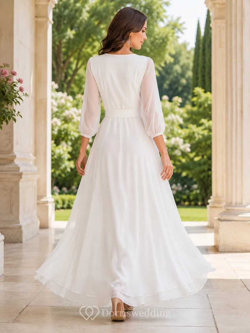 White Chiffon V-neck Three-quarter Sleeve A-Line Maxi Wrap Dress view 2
