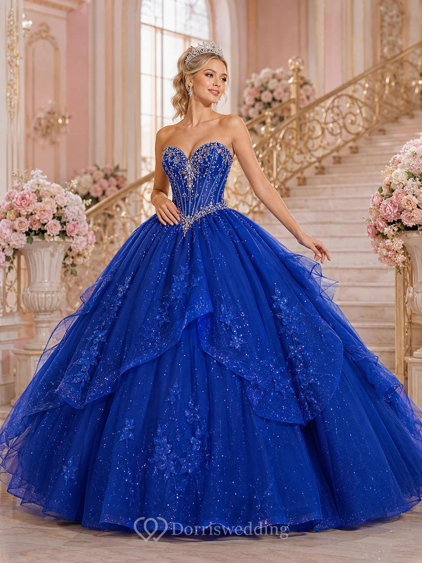 Royal Blue Strapless Beaded Tiered Quinceanera Ball Gown