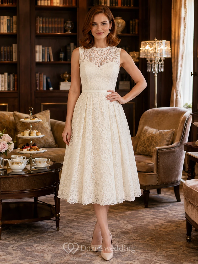 Robe ivoire sans manches à corsage en dentelle illusion, longueur thé