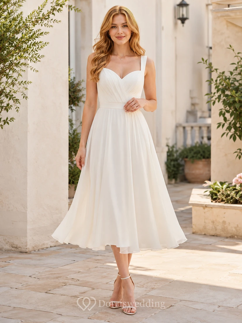 Weißes, herzförmiges, trägerloses, tief ausgeschnittenes, plissiertes Chiffon-Teekleid in romantischer A-Linie