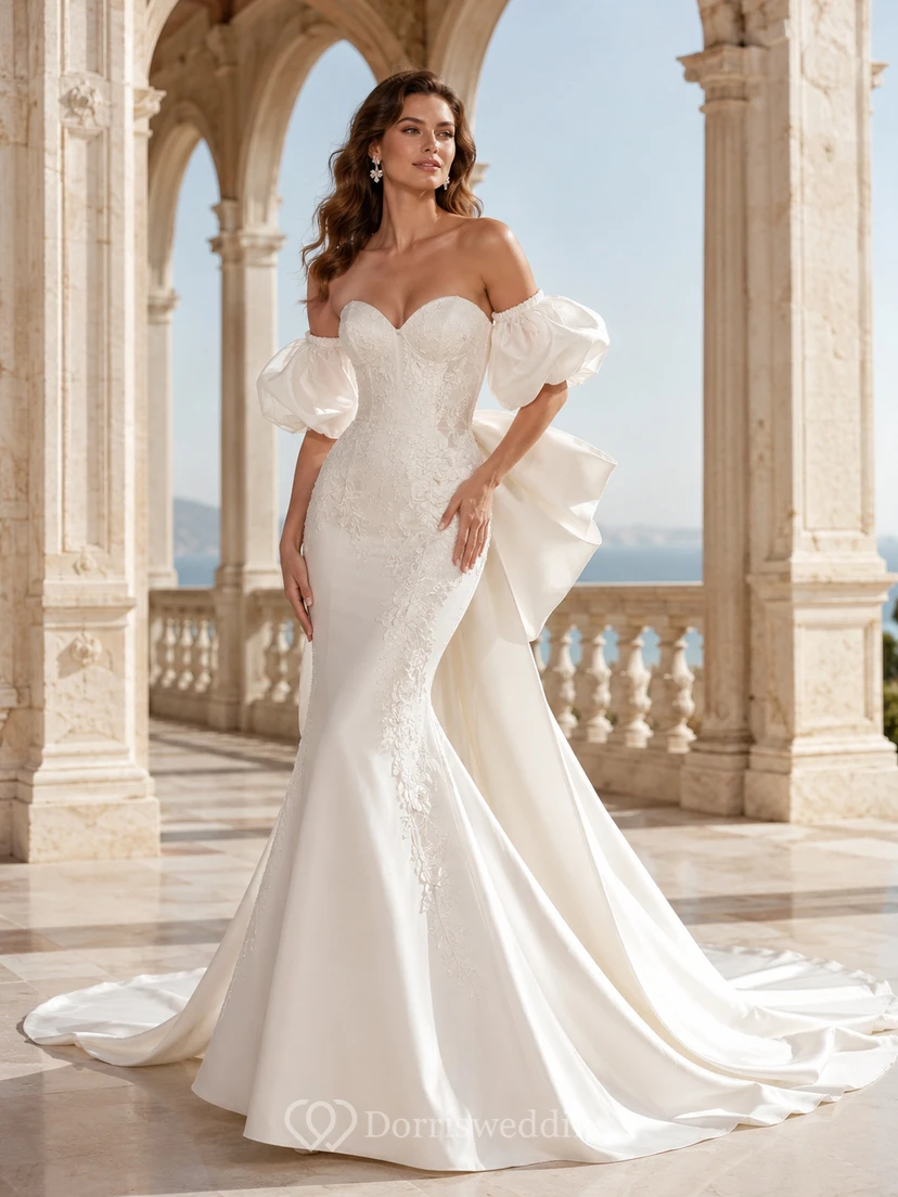 Robe de mariée sirène en satin dentelle à épaules dénudées et manches bouffantes, nœud papillon, style chapelle