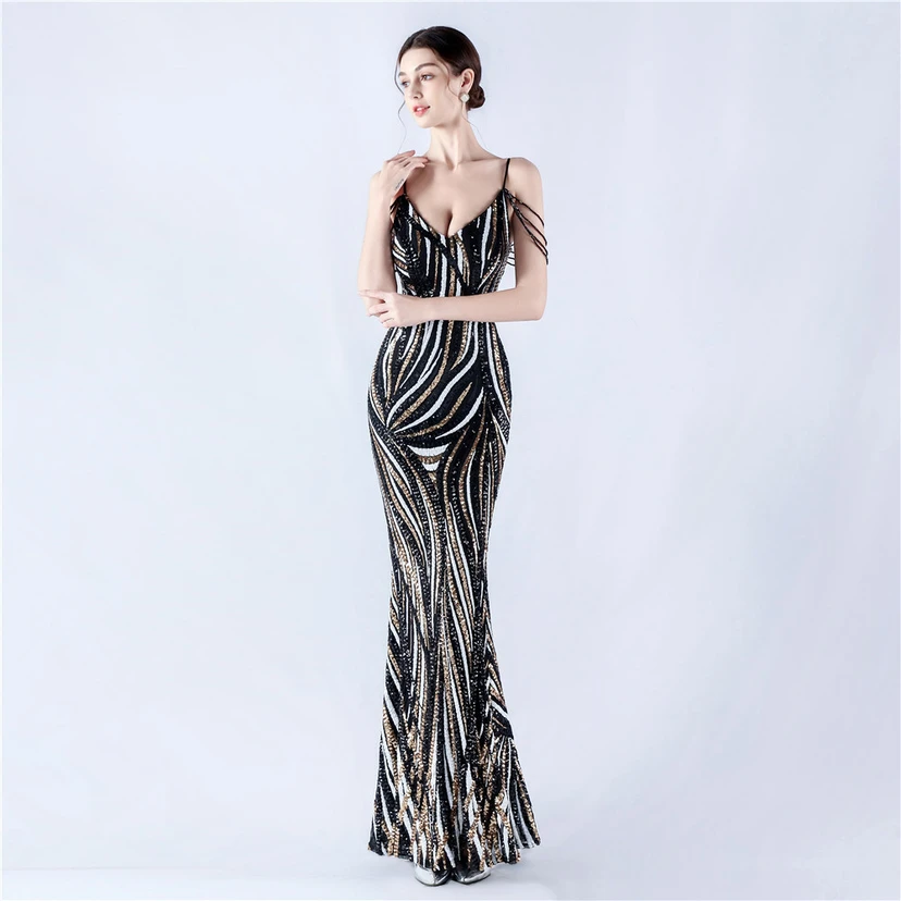 Sequined Striped Color Matching Slim Dinner Host Suspender Long Dress For Women video preview