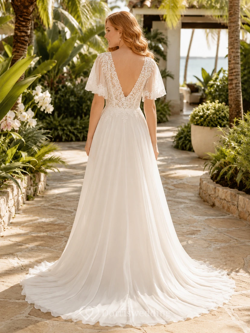 Beach Lace Tulle Wedding Dress A-Line V-Neck Cap Sleeve Sweep Train Bridal Gown view 2