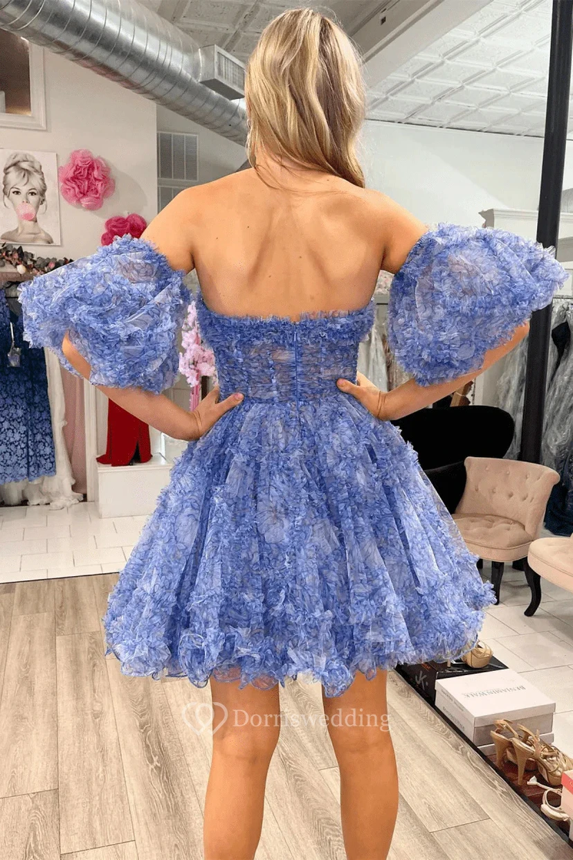 Blaues schulterfreies Rüschenkleid view 6