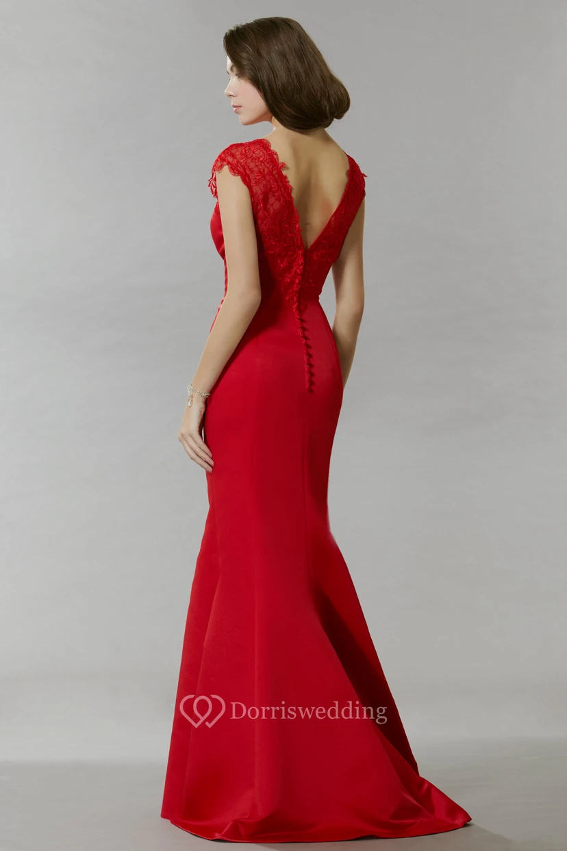 Mermaid Cap-Sleeve Lace Scoop Maxi Satin Prom Dress With Low-V Back And Sweep Train view 2