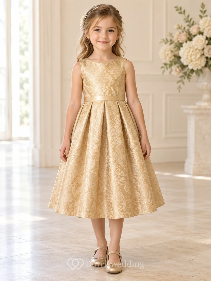 Tea-length Gold Jewel Sleeveless Leaf-patterned Ribbon-waist Box-pleated Zipper-back Brocade Flower Girl Dress