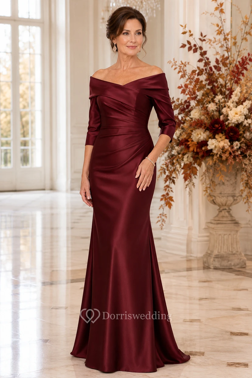 Burgunderfarbenes schulterfreies Meerjungfrauen-Kleid aus Satin für Mütter
